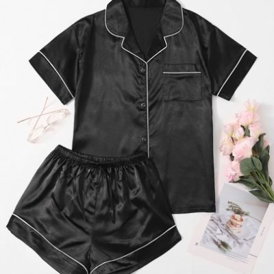 Contrast Binding Button Front Satin PJ Set