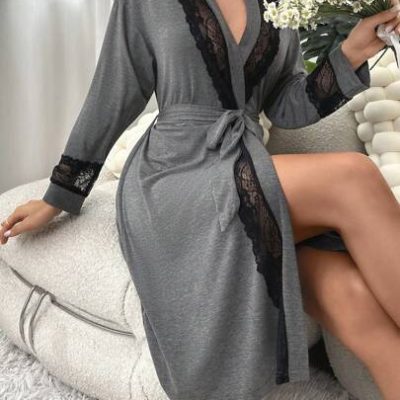 Contrast Lace Belted Robe
