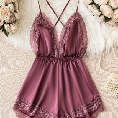 Contrast Lace Criss Cross Backless Satin Cami Romper