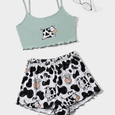 Cow Print Lettuce Trim PJ Set