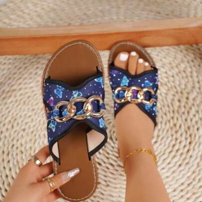 Cross-Border Plus Size Youth Decorative Chain Flat One-Strap Sandals