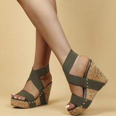 Cross Strap Wedge Sandals, Solid Green Holiday Wedge Sandals