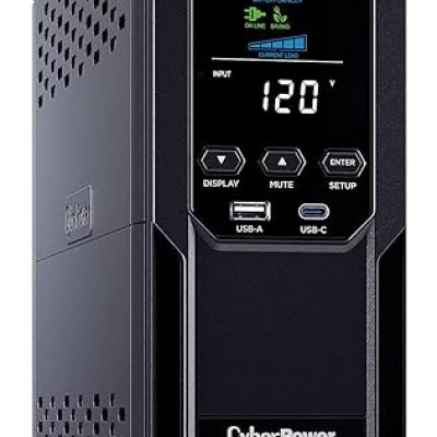 CyberPower CP1500AVRLCD3 Intelligent LCD UPS System, 1500VA/900W, 12 Outlets, 2 USB Ports, AVR, Mini Tower, Black