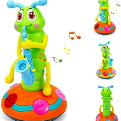 Dancing Saxophone Caterpillar Toy,Children’s Electric Caterpillar with LED Flashlight Children’s Spinning Musical Toys Game Toys (Blue)