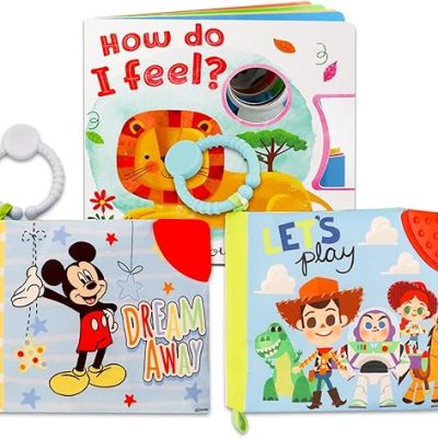 Disney Teething Books for Babies Set – Bundle with 2 Soft Books for Babies Featuring Mickey Mouse and Toy Story Plus Board Book | Teether Book Disney