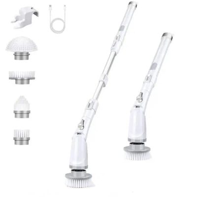 Electric Spin Scrubber Cordless Cleaning Brush with Adjustable Extension Arm with 4 Replaceable Heads in White