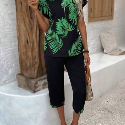 EMERY ROSE Women Vacation Plant Print Top And Seven-Point Pants Two-Piece Set