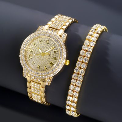 Fashion Women Full Rhinestone Roman Numbers Dial Watch With Full Rhinestone Silver Double-Layer Bracelet 2-Piece Set