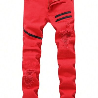 Fashionable And Trendy Elastic Broken Hole Zippered Four Seasons Pants For Teenage Boys