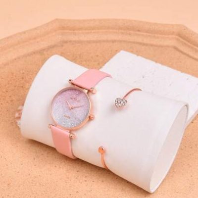 Fashionable Full Starry Sky Pink Diamond Gradient Color Women Quartz Wristwatch, Bracelet Set 2pcs