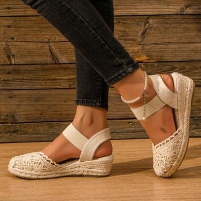 Fashionable Women’s Wedge Heel Shoes With Floral Mesh Vamp, Rubber Sole And Jute Rope