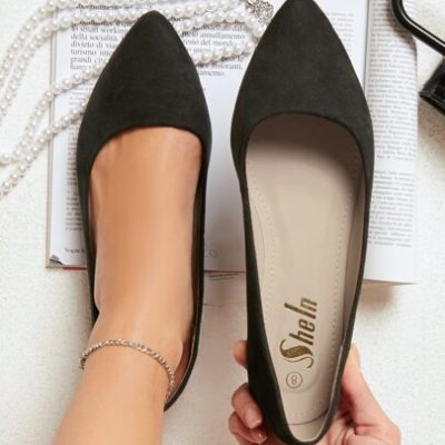 Faux Leather Pointy Toe Slip On Ballet Flats