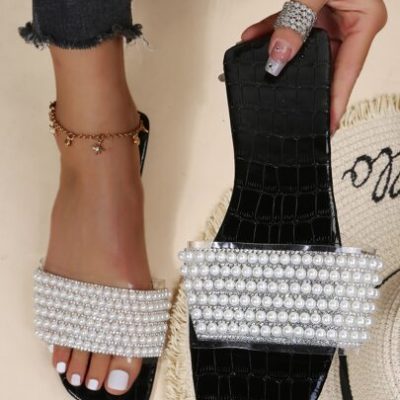 Faux Pearl & Rhinestone Decor Slide Sandals