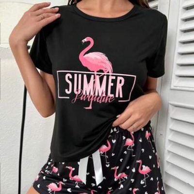 Flamingo & Letter Graphic Tee & Shorts PJ Set