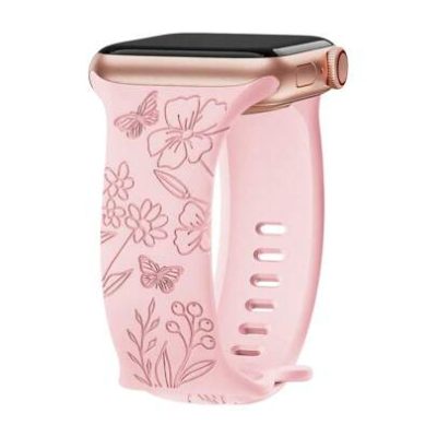 Floral Engraved Sport Bands Compatible With Apple Watch Band 44mm 40mm 38mm 41mm 45mm 49mm 42mm Women,Pink Sand Soft Silicone Cute Flower Pattern…