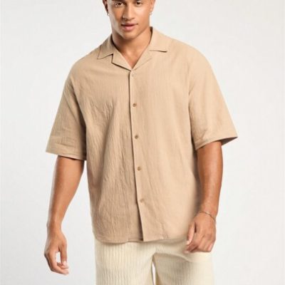 Forever 21 Men’s Khaki Solid Color Spring And Summer Casual Vacation Loose Shirt