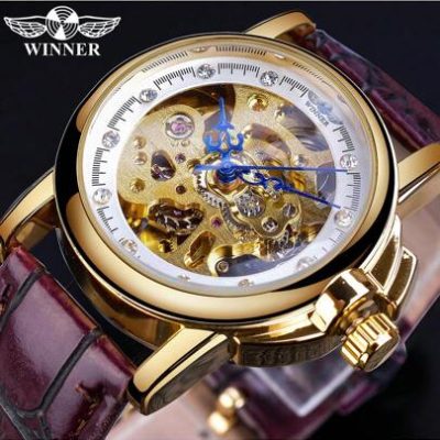 Forsining Classic Retro Design Blue Hands Ladies Fashion Golden Skeleton Diamond Display Mechanical Wrist Watches Gift For Women