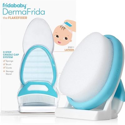 Frida Baby The 3-Step Cradle Cap System, DermaFrida The FlakeFixer, Sponge, Brush, Comb and Storage Stand for Babies with Cradle Cap, White-Blue