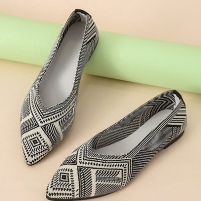 Geometric Pattern Two Tone Point Toe Ballet Flats, Black And White Elegant Geometric Pattern Ballet Shoes