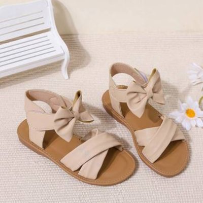 Girls’ Cute Beige Butterfly Knot Flat Sandals For Daily Casual, Holidays, Beach