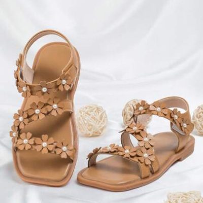 Girls Flower Decor Non-slip Hook-and-loop Fastener Ankle Strap Flat Sandals For Summer