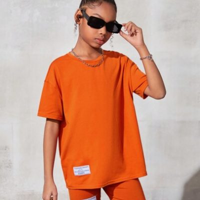 Girls’ Knitted Solid Color Round Neck Relaxed T-Shirt With Letter Logo Matching Knitted Relaxed Shorts Set