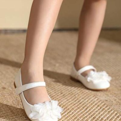 Girls” Princess Shoes White Floral Flat Shoes For Children All Seasons