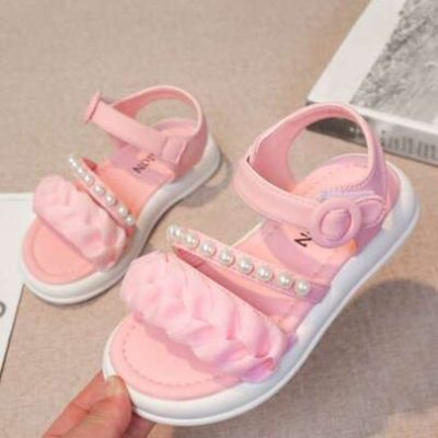 Girls” Summer New Arrival Flat Sandals, Children Beach Shoes, Little Girls” Pearl Princess Shoes, Open-Toe Baby Sandals