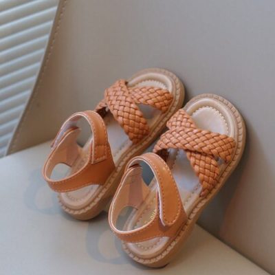 Girls” Weaved Hollow Out Design Flat Sandals, 2024 Summer New Children Casual Shoes, Simple Soft, Non-Slip Baby Shoes