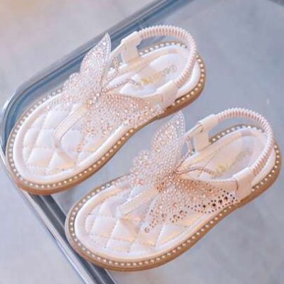 Gold Bow Detail Knot Ribbon, Pearl PU Leather Elastic Strap, Sheer & Comfortable, Girls Children Flat Shoes, Kids Flat Sandals