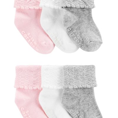 Grey/White/Pink Baby 6-Pack Crew Booties | carters.com