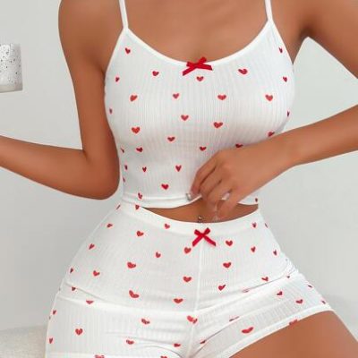 Heart Print Bow Front PJ Set