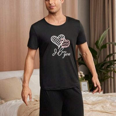 Heart Print Round Neck Short Sleeve T-Shirt And Shorts Men Home Clothes Set