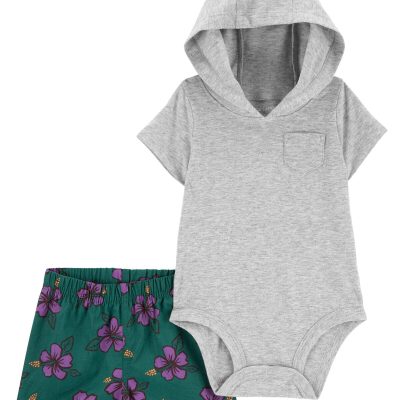 Heather/Green Baby 2-Piece Hooded Bodysuit & Floral Short Set | carters.com