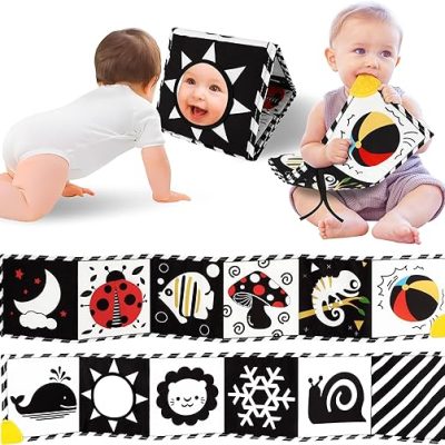 High Contrast Baby Book with Teether, Black and White Baby Toys, 0-6-12 Months Brain Development for Newborn, Soft Baby Book, Montessori Learning…