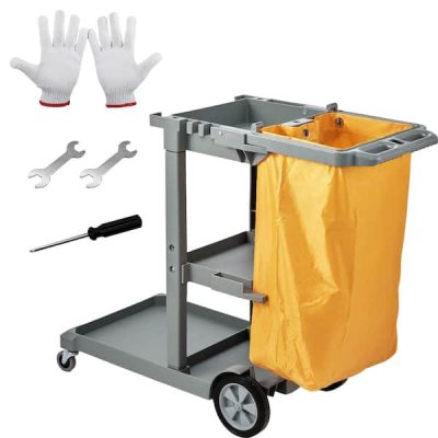 Janitorial Trolley Cleaning Cart with PVC Bag Cleaning Cart 3-Shelf for Offices, Hotels, Airports