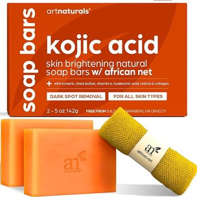 Kojic Acid Soap + African Net Sponge (2 pack X 142g Turmeric bars) Dark spot remover, Hyperpigmentation & Scars – Original Japanese Complex Vitamin…