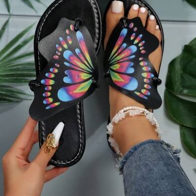 Ladies’ Fashionable Butterfly Print Comfortable Flat Slippers