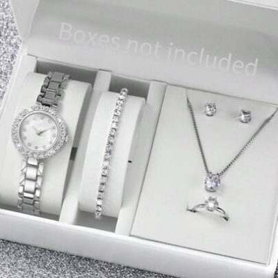 Ladies’ Fashionable Steel Band Simple Dial & Diamond Decorated Quartz Wristwatch + Jewelry Set (6pcs/Set)