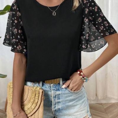 Ladies’ Floral Print Short Sleeve Round Neck Blouse With Flared Sleeves