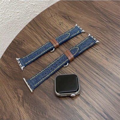 Ladies” Leather Replacement Watch Band New Tie-Dye Jeans Fabric Watch Strap Compatible With Apple Watch Band 49mm/45mm/44mm/42mm Compatible With…