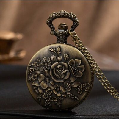 Large Vintage Antique Green Rose Petals Quartz Pocket Watch With Relief Pattern And Thin Chain