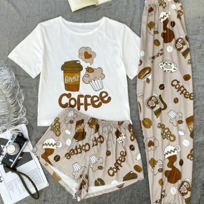 Letter and Graphic Print Top & Shorts & Pants PJ Set