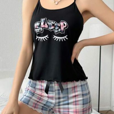 Letter & Eyelash Print Cami Top & Plaid Shorts Pajama Set