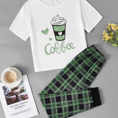 Letter Graphic Print Top And Plaid Pants PJ Set