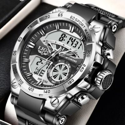 LIGE 1pc Black Silicone Strap Sporty Date 24 Hour Chronograph Round Dial Digital Watch, For Daily Life