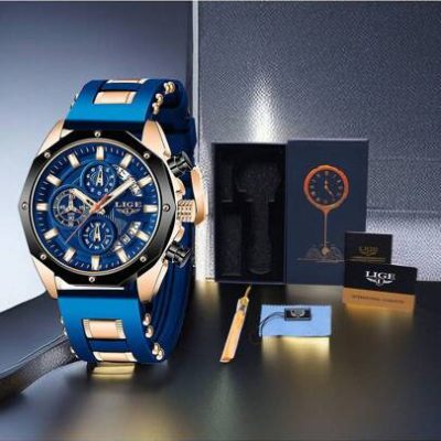 LIGE Watch Gift Box Premium Business Men’s Watch Silicone Band 24-Hour Multi-Function Waterproof Calendar Luminous Quartz Watch