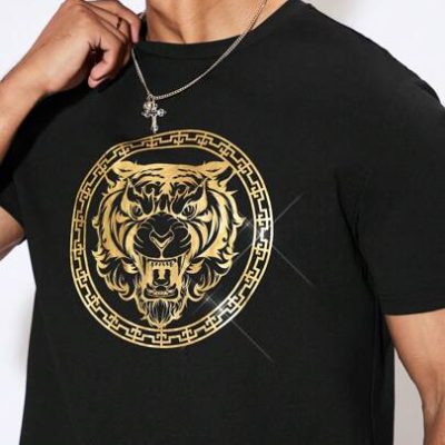 Manfinity AFTRDRK Men’s Festival Attire Tiger Head Gold Foil Print Round Neck Short Sleeve T-Shirt For Music Party