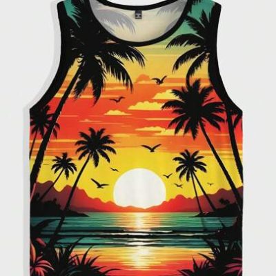 Manfinity Chillmode Men’s Plus Size Coconut Tree & Sunset Printed Casual Tank Top