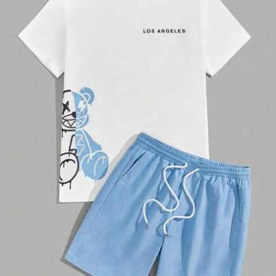 Manfinity EMRG Men Bear & Letter Graphic Tee & Drawstring Waist Shorts